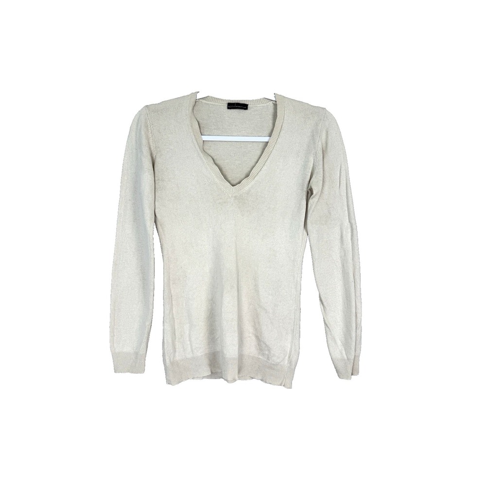 VTG Y2K Women Cream Medium Sweater V-Neck Lightweight Preppy 90s Slim Fit Layers